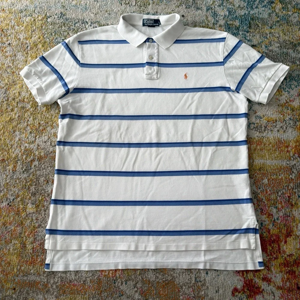 Polo by Ralph Lauren Striped Polo Shirt XL - White & Blue Short Sleeve